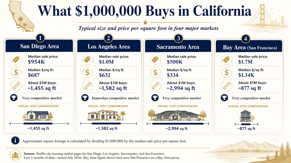Comparison of the home size a $1 million budget buys in California versus a DFW suburb