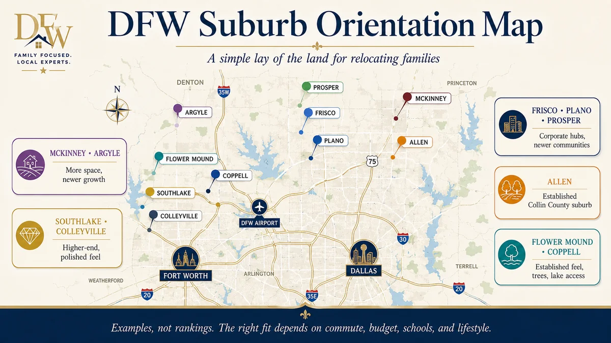 Map orienting Frisco, Flower Mound, Allen, and McKinney within the Dallas-Fort Worth metro