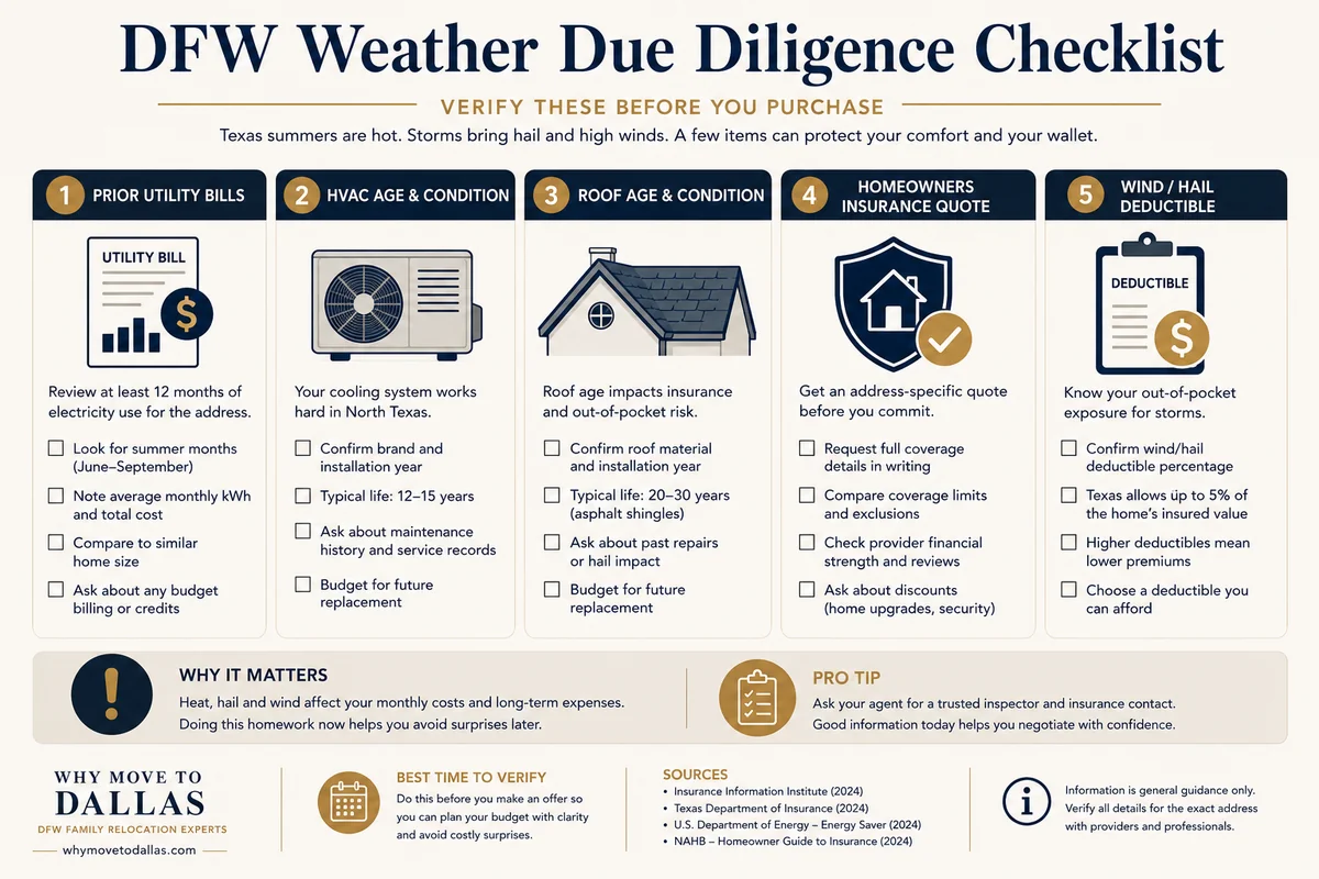 DFW weather due diligence checklist covering utility bills, HVAC age, roof condition, insurance quotes, and wind and hail deductibles