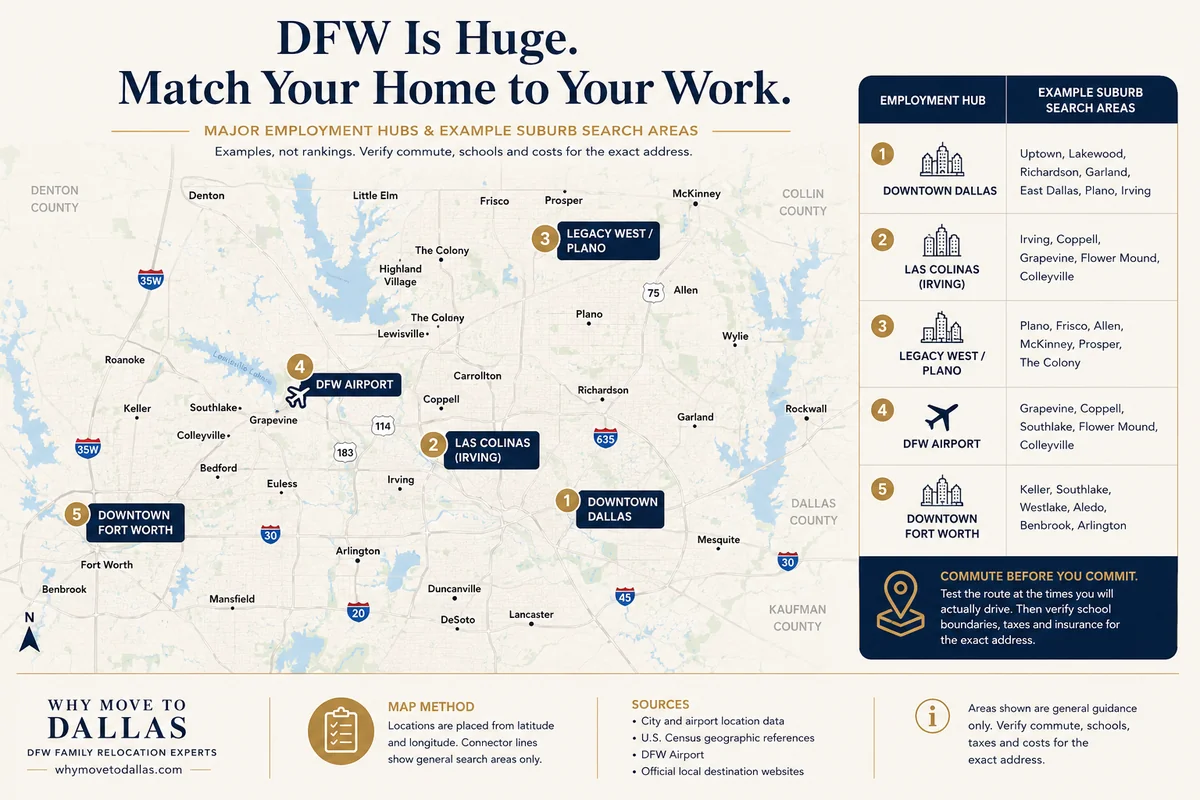 Map of DFW employment hubs with example suburb search areas: downtown Dallas, Las Colinas, Legacy West, DFW Airport, and downtown Fort Worth