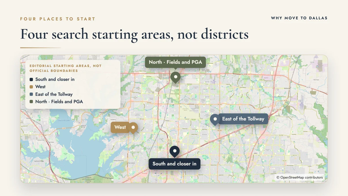Frisco orientation map showing four editorial home-search starting areas: south, west, east of the Tollway, and north.