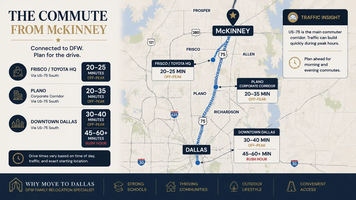 McKinney Texas commute times to Frisco, Plano, Allen, and downtown Dallas by highway