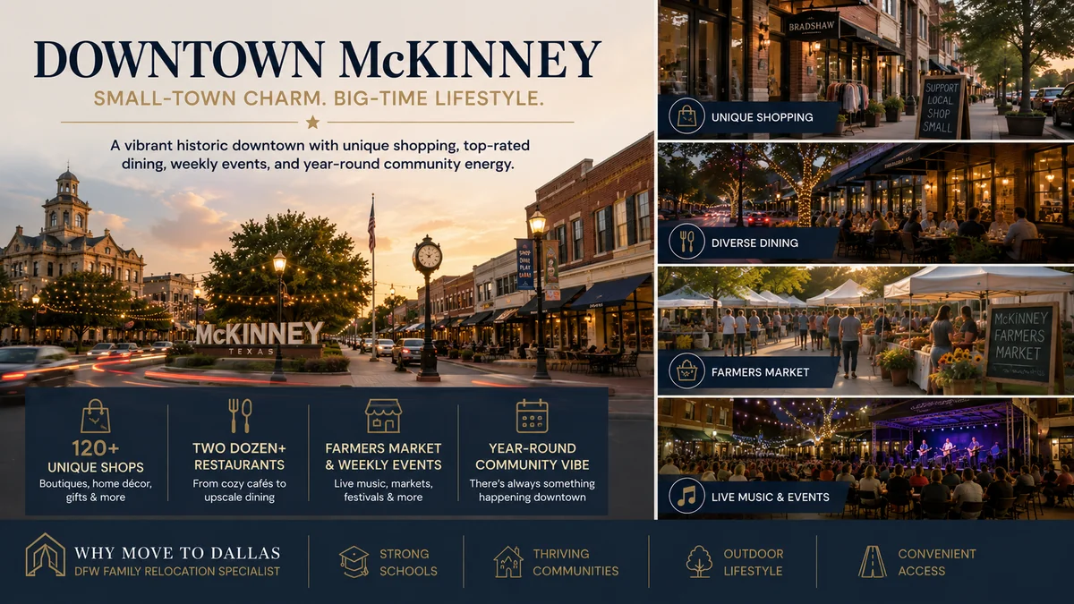 McKinney Texas historic downtown square with shops, restaurants, and community events