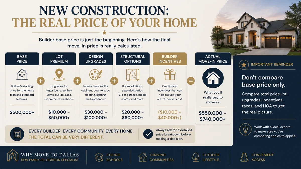 McKinney Texas new construction cost breakdown: base price, lot premiums, design center upgrades, and move-in total