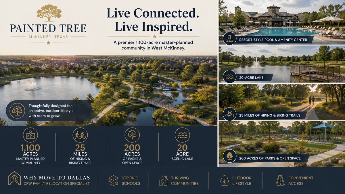 Painted Tree McKinney Texas amenities including trails, lake, resort pools, and parks in the master-planned community