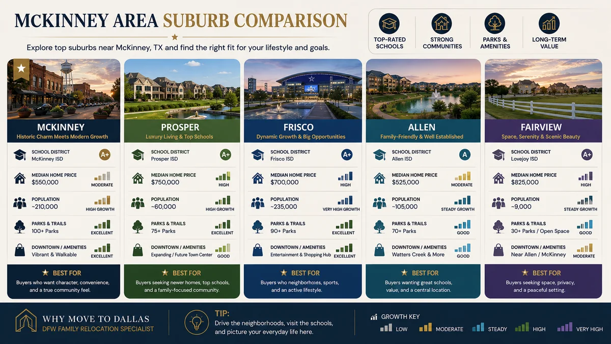 McKinney Texas vs Frisco, Allen, Plano, and Prosper: side-by-side suburb comparison for relocating families