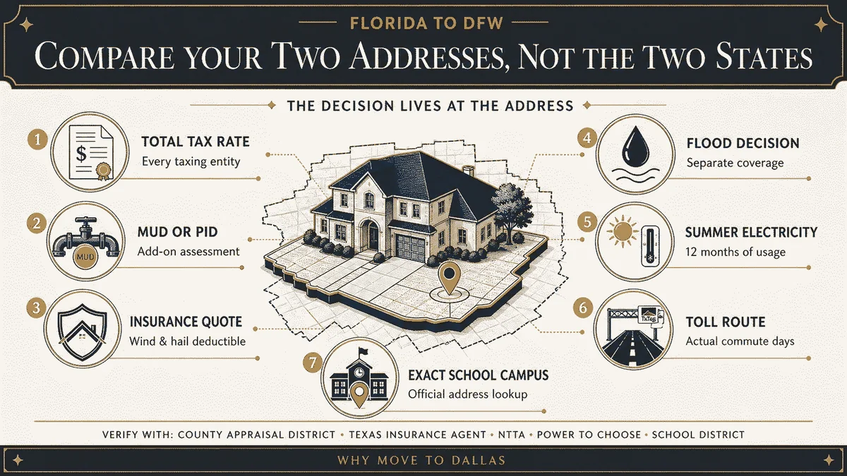 Seven address level costs to verify before choosing a Dallas-Fort Worth home: total tax rate, MUD or PID assessment, insurance quote and wind and hail deductible, flood decision, summer electricity, toll route, and exact school campus