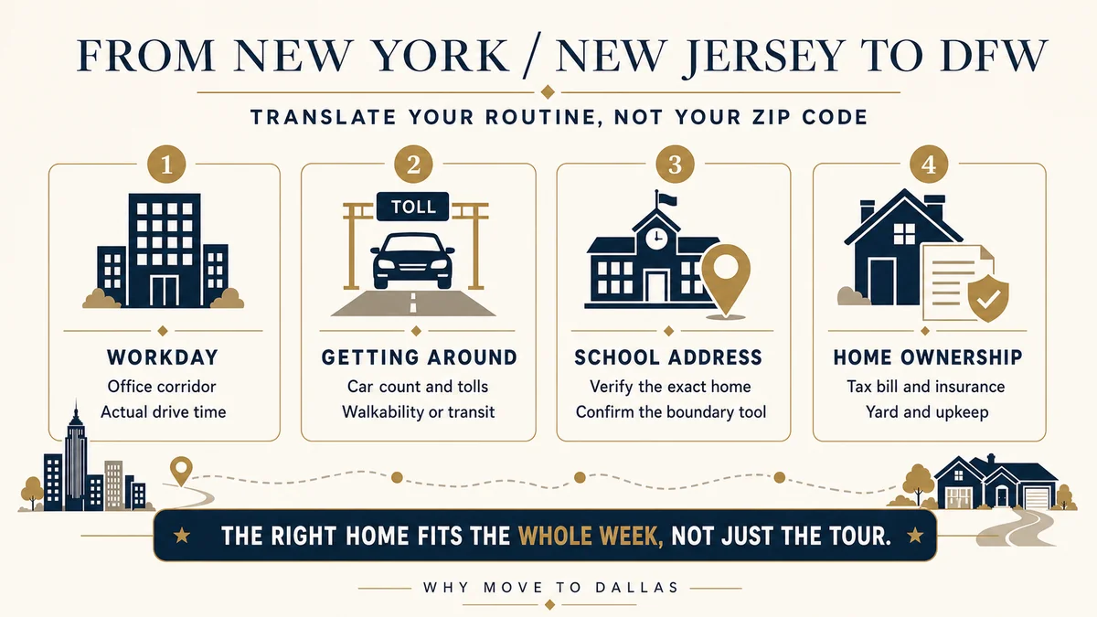 New York and New Jersey to DFW decision framework for work location, transportation, school address, and home costs