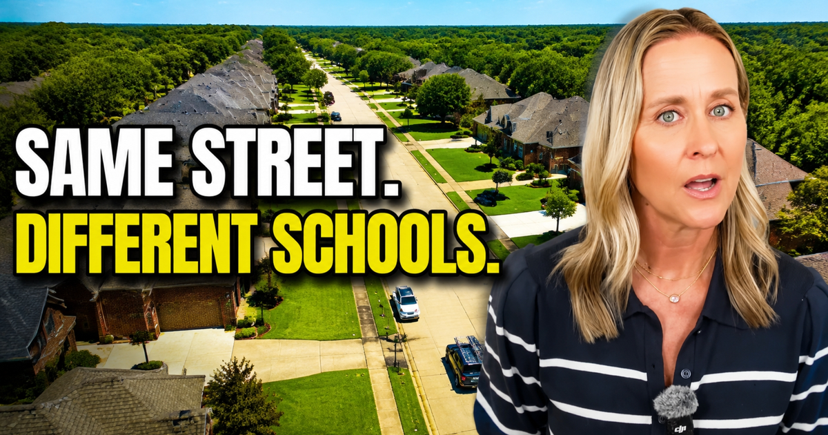 Video thumbnail for I Was Wrong About Colleyville Texas, showing a Colleyville street aerial with the same street different schools hook