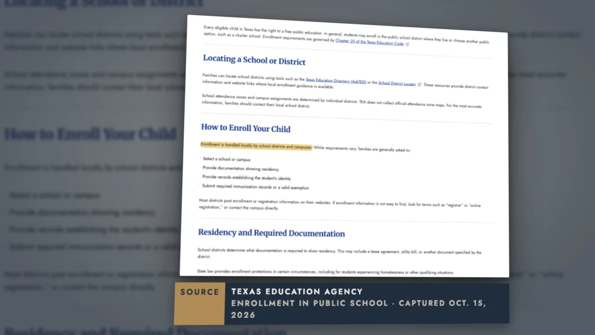 Captured video still of Texas Education Agency guidance to contact the local school district for attendance zones and enrollment.