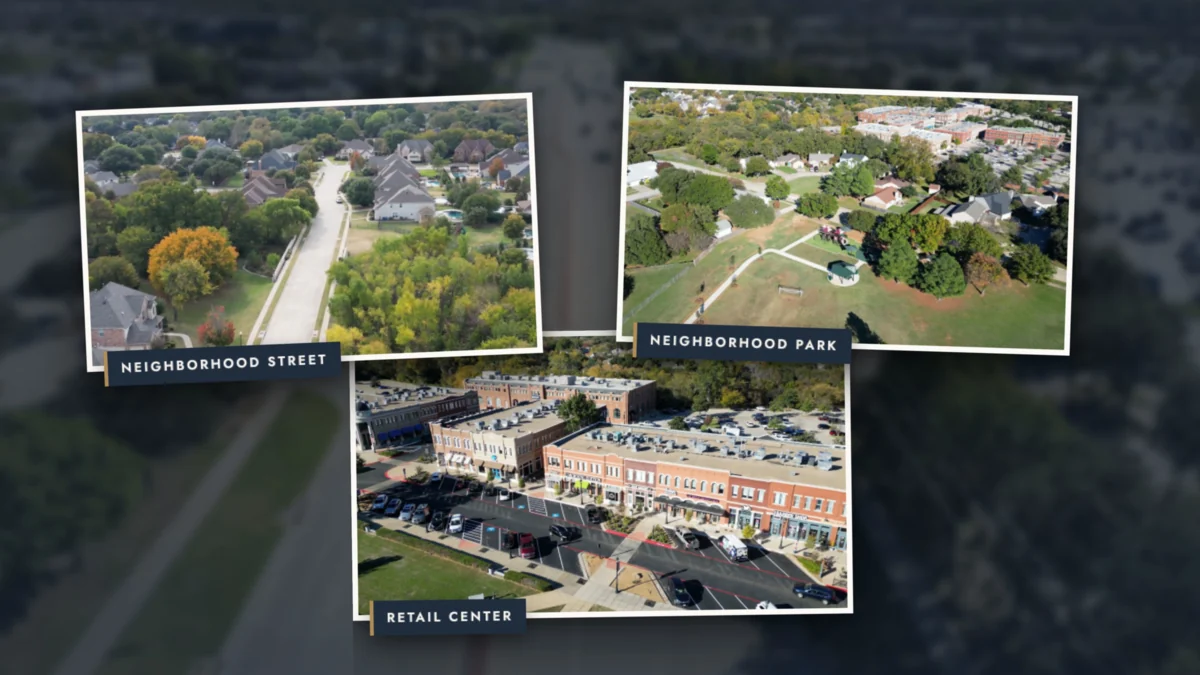 Video collage of a residential road, plaza green space, and retail center used to illustrate everyday destinations.