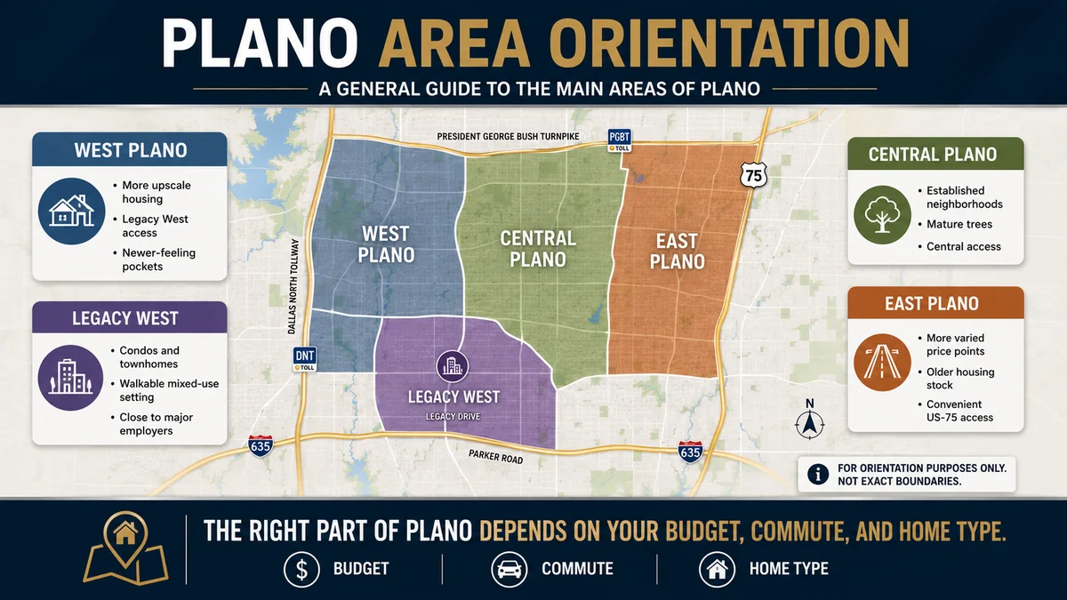 Orientation map of Plano Texas showing West Plano, central and east Plano, and the Legacy West area for relocating families