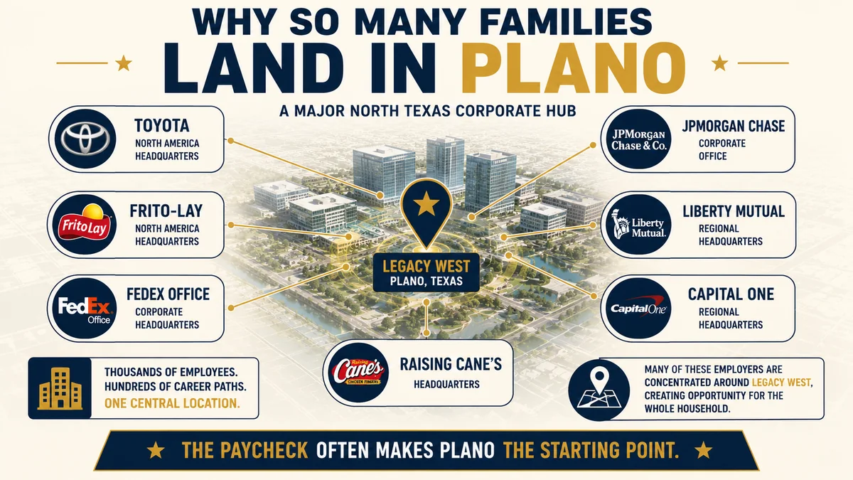 Major employers in and around Plano Texas and Legacy West, including Toyota, JPMorgan Chase, Frito-Lay, FedEx Office, Liberty Mutual and Capital One