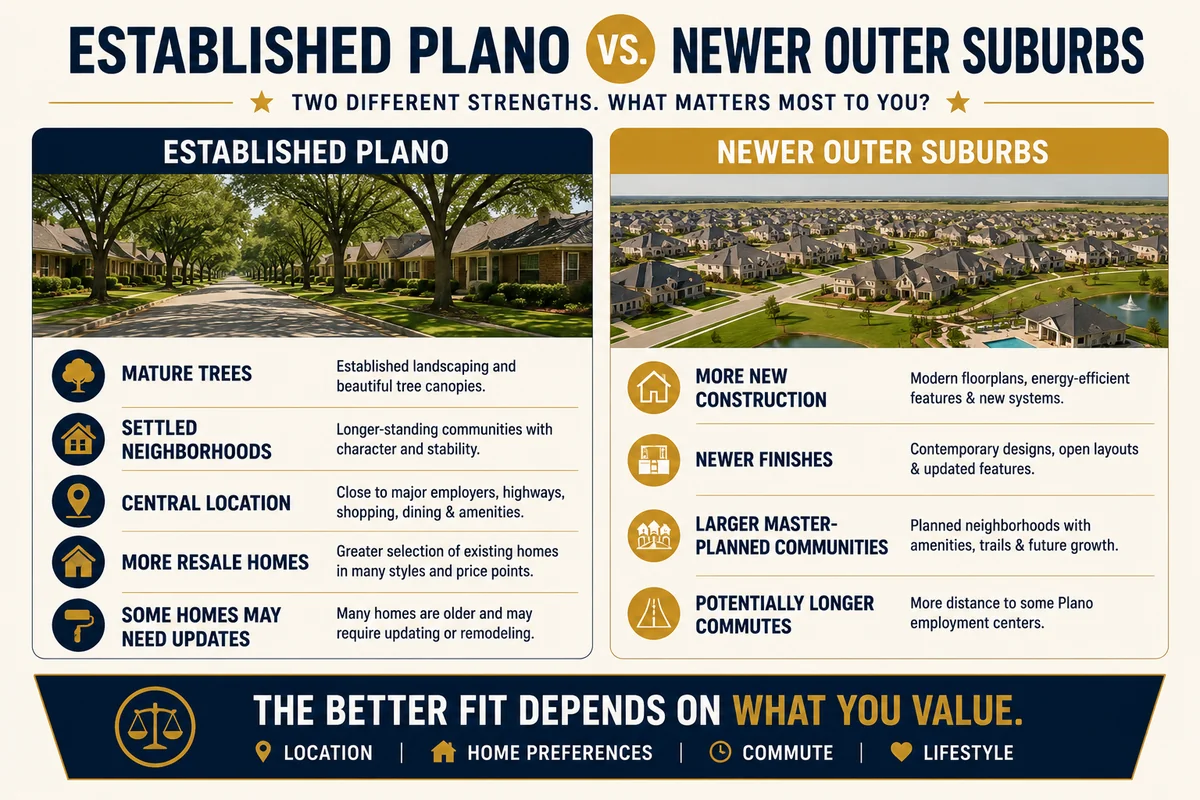 Comparison of established Plano Texas neighborhoods versus newer North Dallas master planned suburbs for relocating families