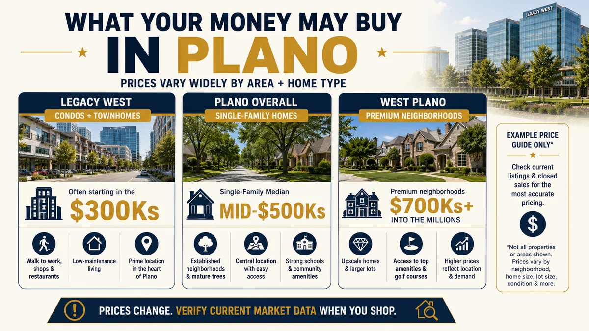 Rough Plano Texas home price tiers for families, from Legacy West townhomes in the 300s to single family homes averaging in the 500s