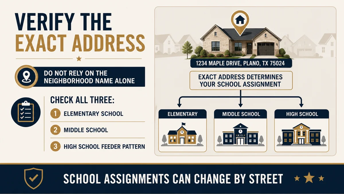 Reminder to verify the exact Plano ISD school feeder pattern by home address before buying, since campuses change by neighborhood