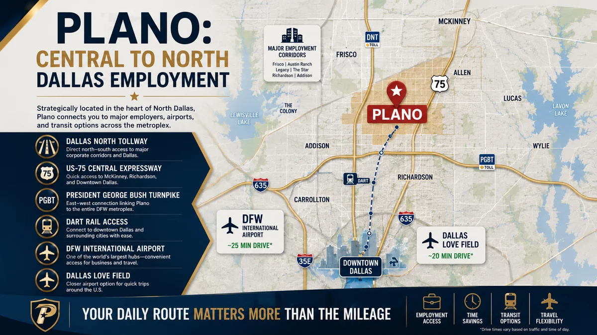 Plano Texas central location and commute corridors: Dallas North Tollway, US 75, DART rail, Legacy West and the Richardson Telecom Corridor
