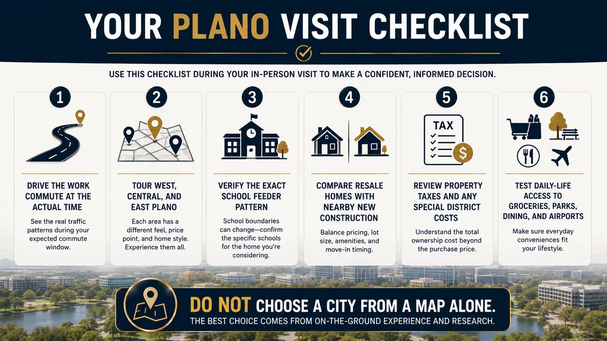 Corporate relocation visit checklist for Plano Texas: drive the real commute, walk into schools, and compare West Plano with the rest