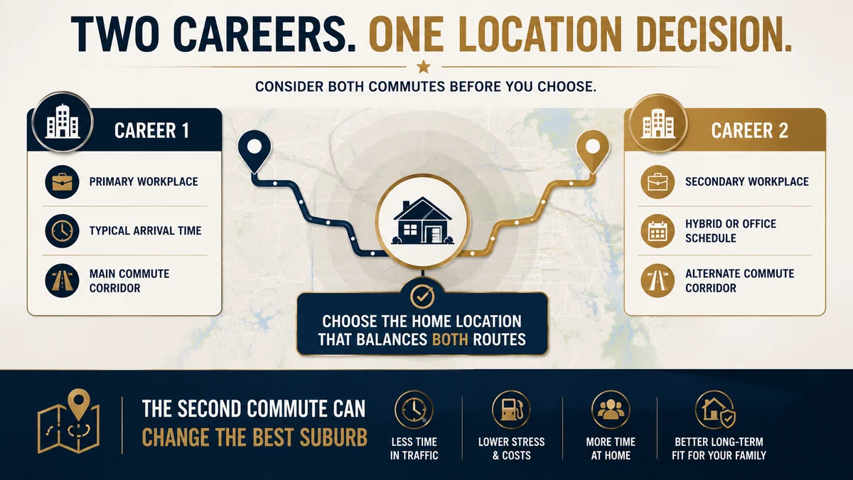 Why Plano Texas central location helps two career families balance both commutes instead of optimizing one and wrecking the other