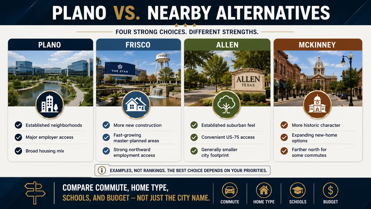 Shortlist comparing Plano Texas with Frisco, Allen and McKinney on corporate proximity, newer construction and budget for families