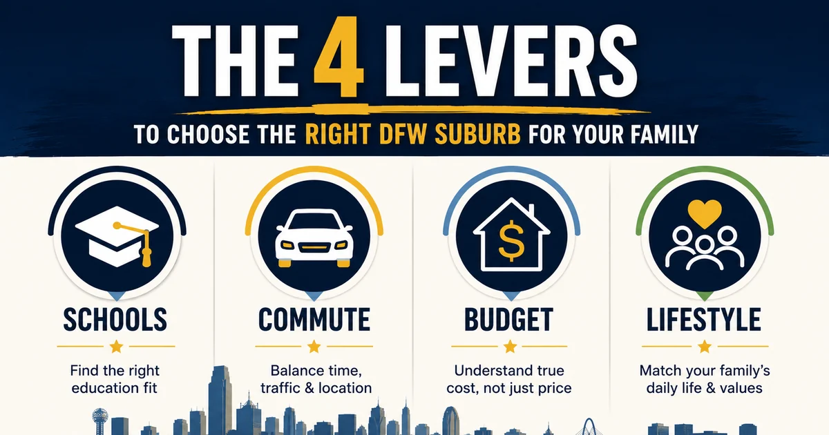 The Suburb Matcher organizes a DFW search around schools, commute, total budget, and daily lifestyle priorities